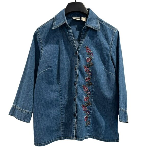 Erika Tops - Vintage Erika Floral Denim Shirt Y2K Floral Embroidery‎ Boho Button Up Sz S